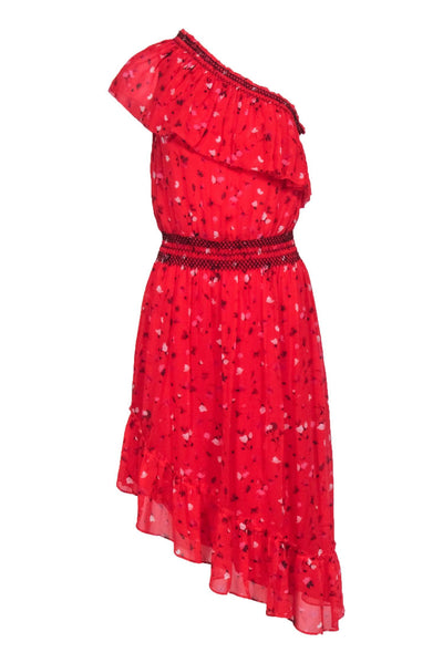 Current Boutique-Joie - Red Asymmetrical One-Shoulder Floral Print Silk Dress Sz S