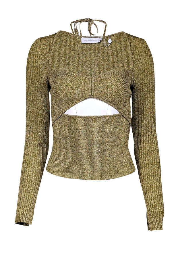 Current Boutique-Jonathan Simkhai - Lime Green & Taupe Rib Knit Sweetheart Top Sz M