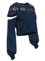 Current Boutique-Jonathan Simkhai - Navy Lace Long Sleeve Sweatshirt w/ Shoulder Cut Outs Sz XS