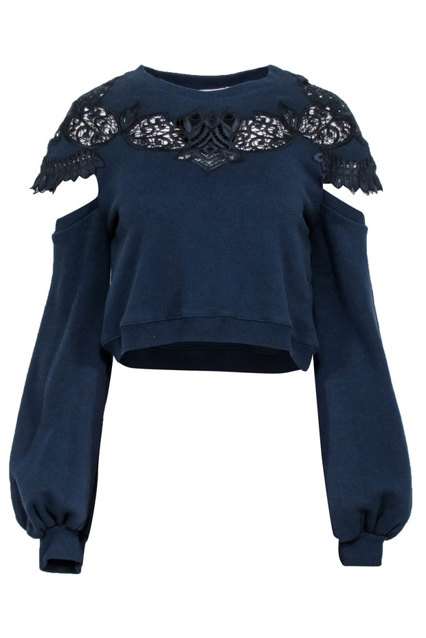 Current Boutique-Jonathan Simkhai - Navy Lace Long Sleeve Sweatshirt w/ Shoulder Cut Outs Sz XS