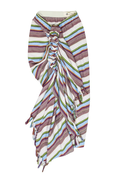 Just Be Queen - Ivory & Multicolor Striped Linen Blend Asymmetrical Skirt Sz XS