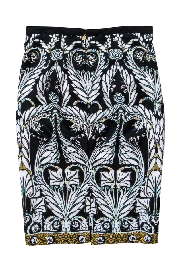Current Boutique-Just Cavalli - Black w/ White & Gold Abstract Paisley Print Satin Skirt Sz 4