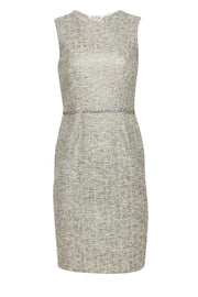 Current Boutique-Kalinka - Ivory & Gold Tweed Sheath Dress w/ Gemstone Belt Sz 8