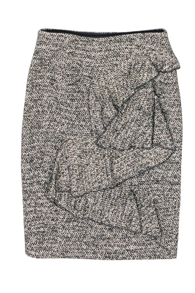 Current Boutique-Karen Millen - Beige & Black Tweed Ruffled Front Pencil Skirt Sz 6