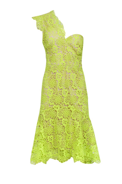 Karen Millen - Chartreuse Lace One Shoulder Fit & Flare Dress Sz 10
