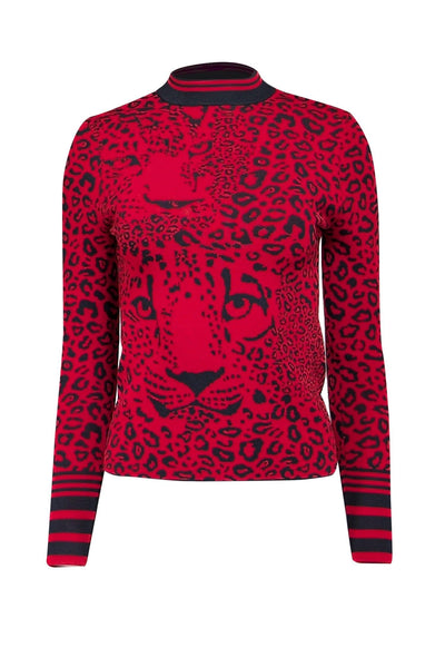 Current Boutique-Karen Millen - Red & Black Leopard Crew Neckline Knit Sweater Sz S