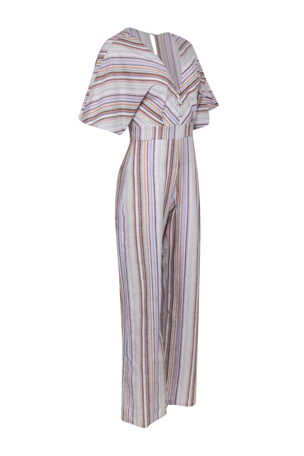 Current Boutique-Karina Grimaldi - Multicolor Stripe Linen Blend Short Sleeve Jumpsuit Sz S