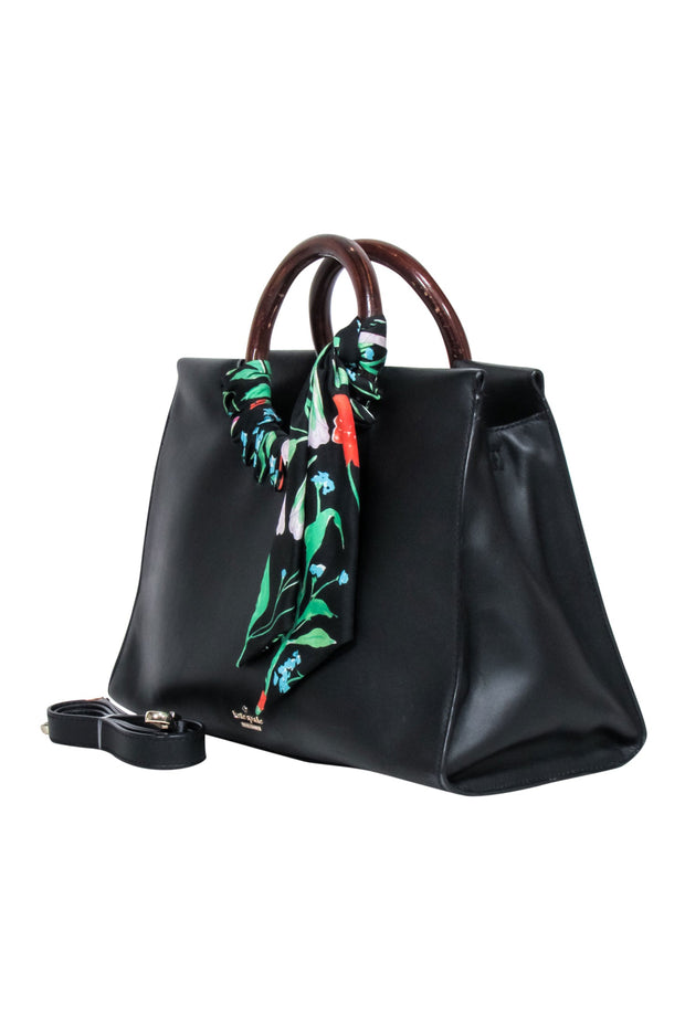 Current Boutique-Kate Spade - Black Leather Shoulder Bag w/ Wood Circle Handles & Floral Detail