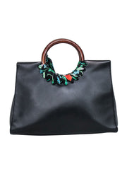 Current Boutique-Kate Spade - Black Leather Shoulder Bag w/ Wood Circle Handles & Floral Detail