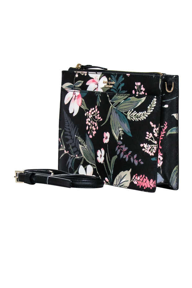 Current Boutique-Kate Spade - Black & Pink Multi Floral Print Leather Crossbody