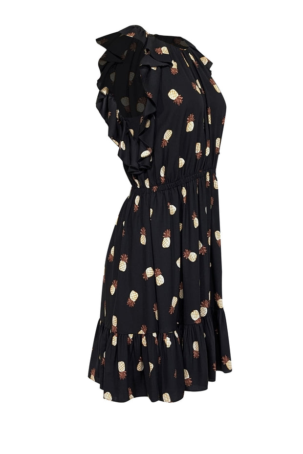 Current Boutique-Kate Spade - Black & Tan Pineapple Print Tiered Dress w/ Ruffles Sz M