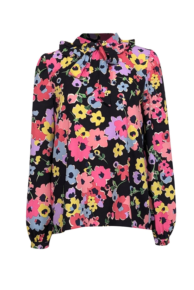 Current Boutique-Kate Spade - Black w/ Multicolor Floral Print Tie Neck Blouse Sz M