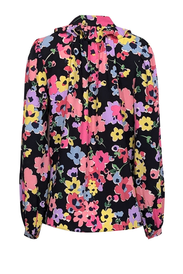 Current Boutique-Kate Spade - Black w/ Multicolor Floral Print Tie Neck Blouse Sz M