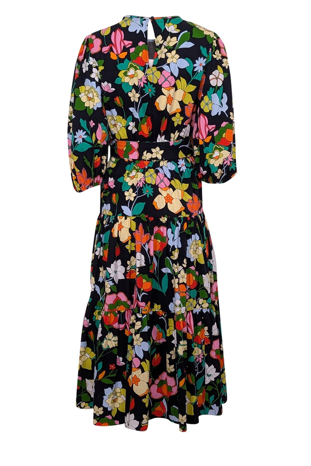 Current Boutique-Kate Spade - Black w/ Rainbow Floral Print Seersucker Midi Dress Sz M
