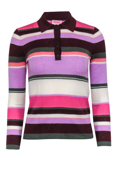 Current Boutique-Kate Spade - Maroon Multi Color Stripe Wool Polo Sweater Sz XS