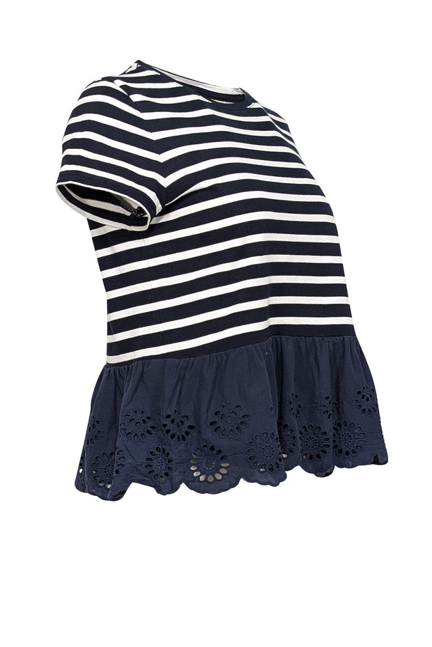 Current Boutique-Kate Spade - Navy & White Striped Shirt w/ Ruffled Eyelet Hem Sz XS