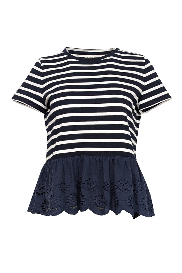 Current Boutique-Kate Spade - Navy & White Striped Shirt w/ Ruffled Eyelet Hem Sz XS