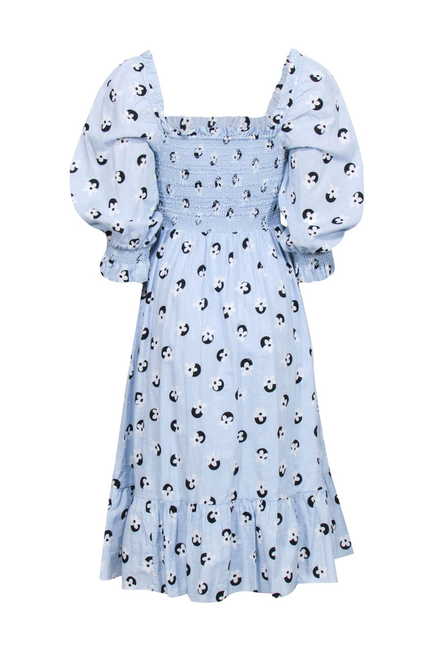 Current Boutique-Kate Spade - Pastel Blue w/ Black & White Floral Print Detail Smocked Bodice Dress Sz S