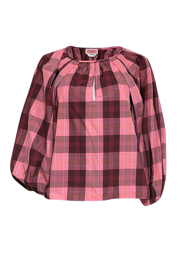 Current Boutique-Kate Spade - Pink & Maroon Plaid Print Taffeta Blouse Sz S