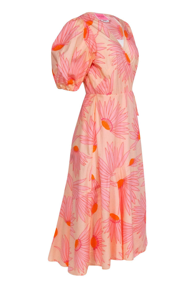 Kate Spade Pink Orange Floral Print Cropped Sleeve Wrap Dress