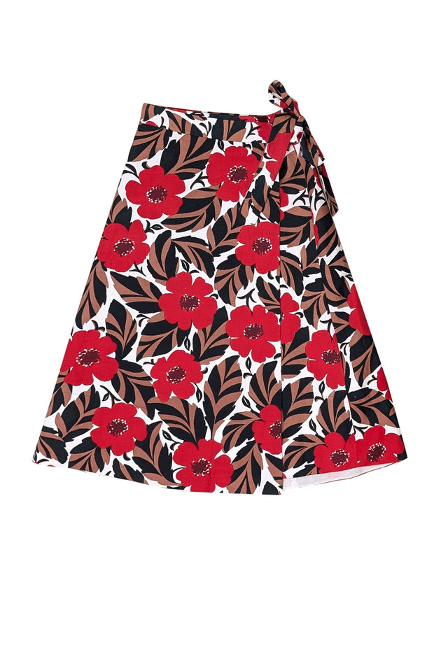 Current Boutique-Kate Spade - Red, Brown, Black & White Floral Midi Wrap Skirt Sz 2