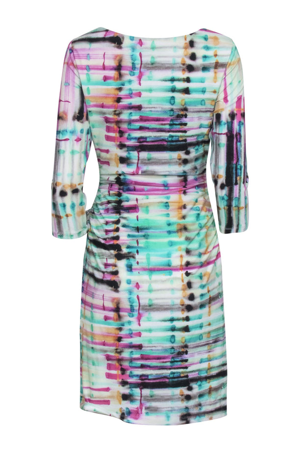 Current Boutique-Kay Unger - Green Multicolor Abstract Print Ruched Dress Sz 8