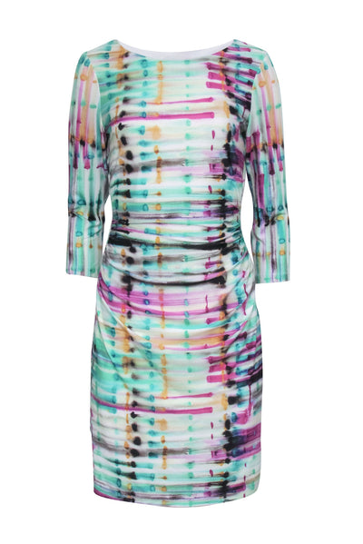 Current Boutique-Kay Unger - Green Multicolor Abstract Print Ruched Dress Sz 8
