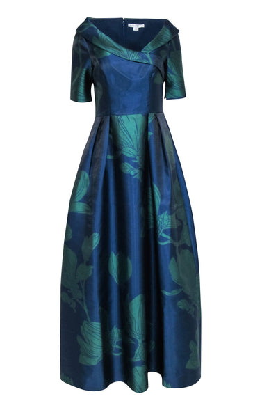 Current Boutique-Kay Unger - Navy & Green Magnolia Print Gown Sz 8