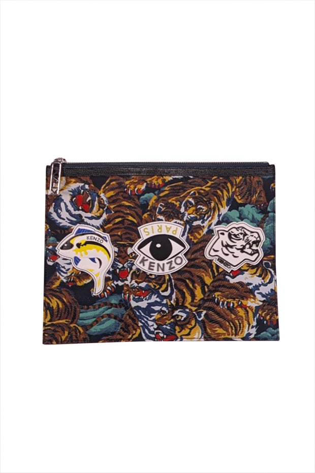 Current Boutique-Kenzo - Black & Multi Color Tiger Graphic & Patchwork Clutch