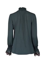 Current Boutique-Kobi Halperin - Green Silk Smocked Mock Neck Blouse w/ Lace Trim Sz XS