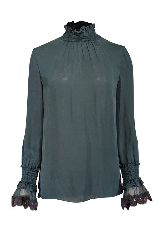 Current Boutique-Kobi Halperin - Green Silk Smocked Mock Neck Blouse w/ Lace Trim Sz XS