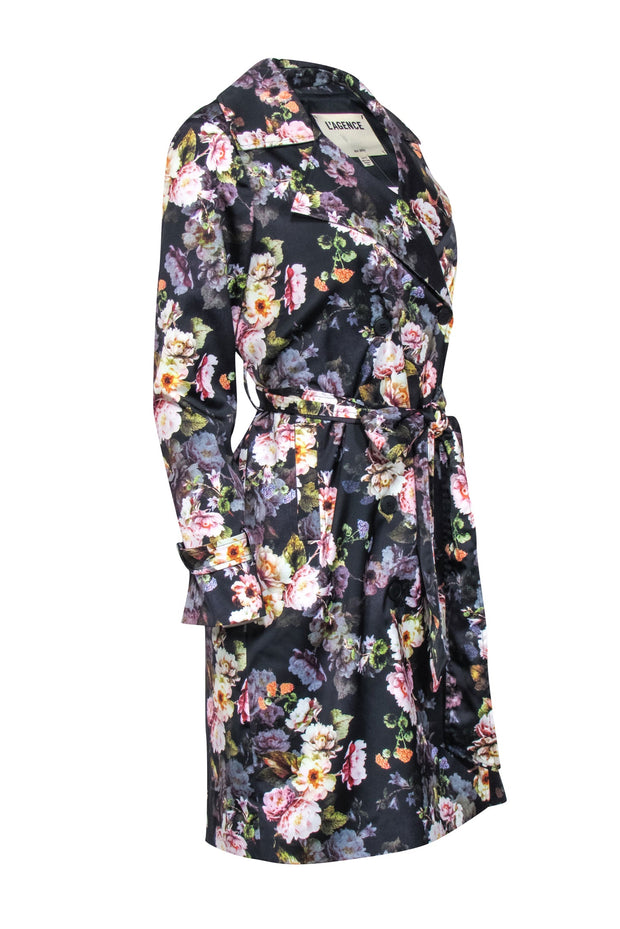 Current Boutique-L'Agence - Black Multicolor Floral Print "Atticus" Trench Coat Sz XS