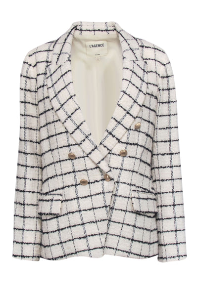 Current Boutique-L'Agence - Ivory & Black Plaid Tweed Double Breasted Button Blazer Sz 10