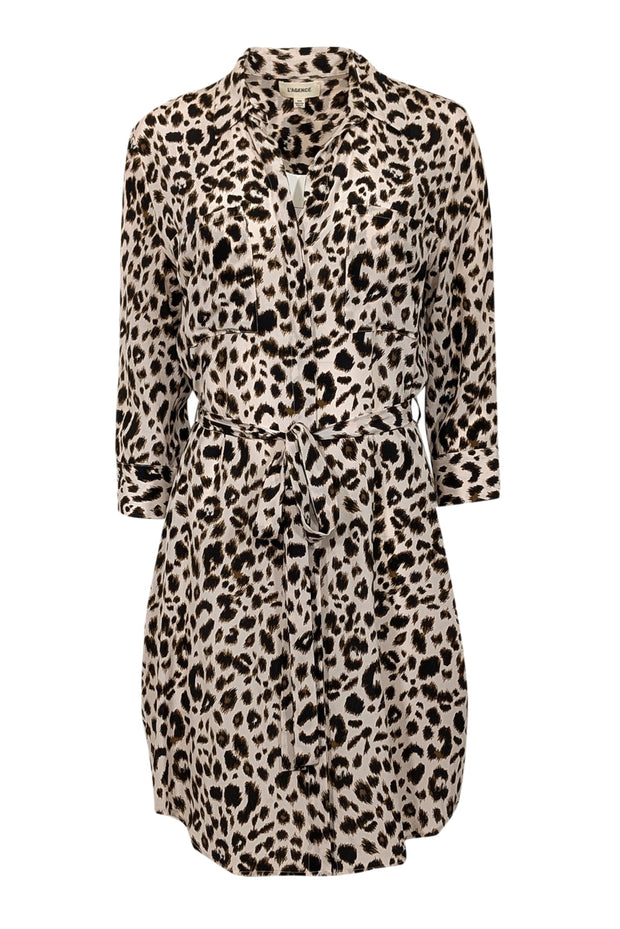 Current Boutique-L'Agence - Off-White, Tan, & Black Leopard Print Silk Shirtdress Sz M