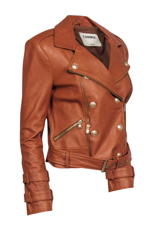 Current Boutique-L'Agence - Tan Leather Moto Jacket w/ Gold Button Detail Sz S