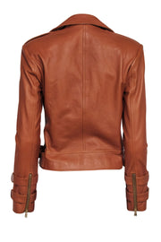 Current Boutique-L'Agence - Tan Leather Moto Jacket w/ Gold Button Detail Sz S