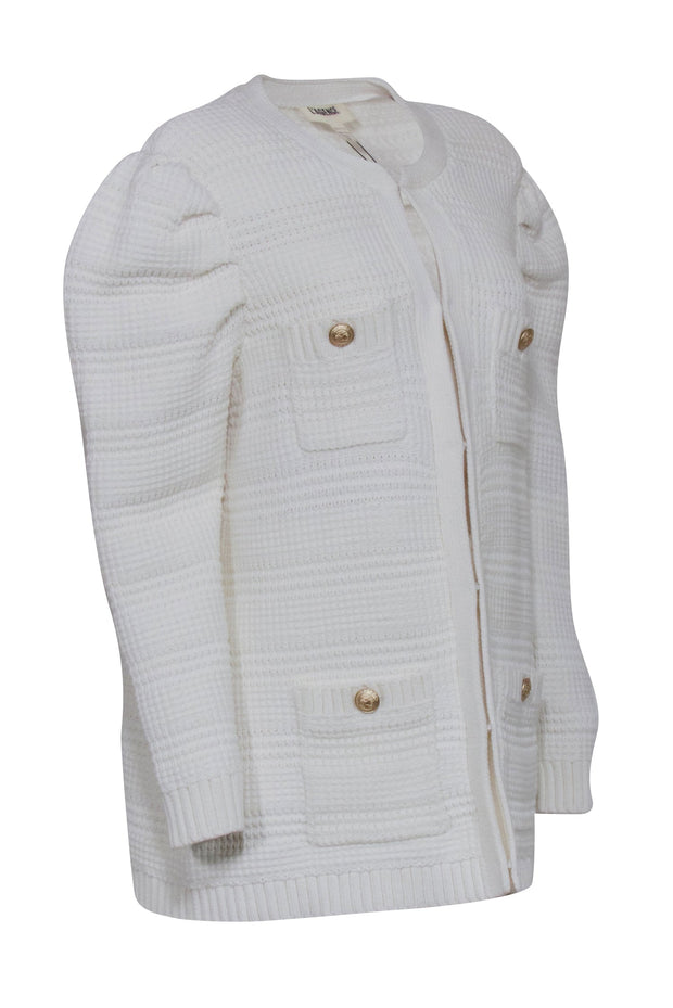 Current Boutique-L'Agence - White Chunky Knit Puff Sleeve Cardigan Sz XXL