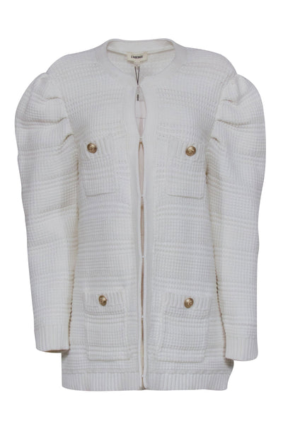 Current Boutique-L'Agence - White Chunky Knit Puff Sleeve Cardigan Sz XXL