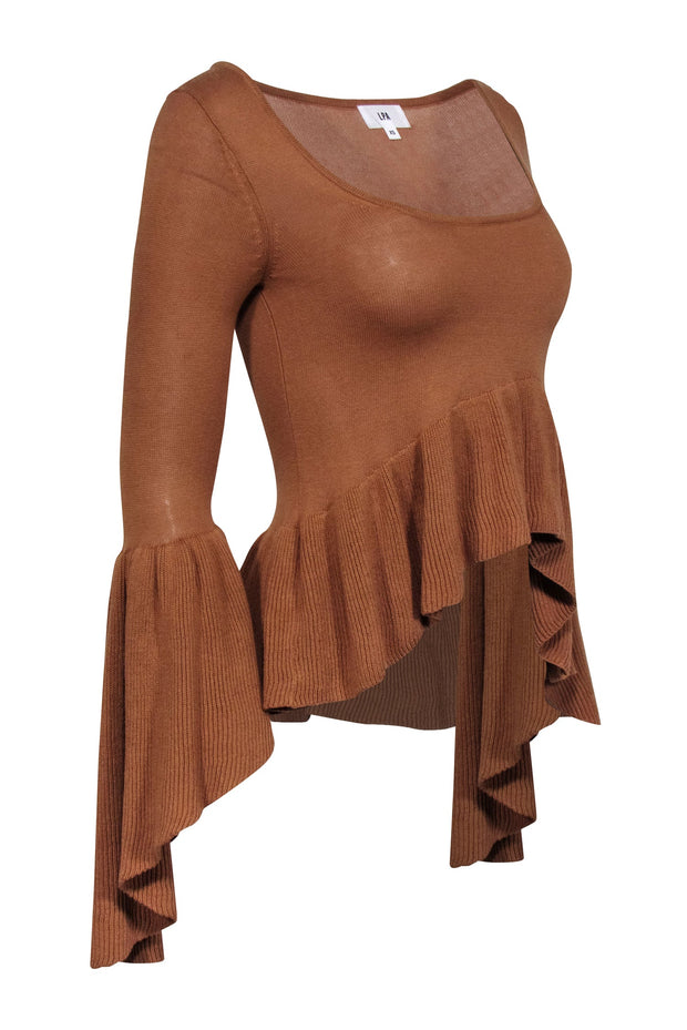 Current Boutique-LPA - Tan Scoop Neck Long Sleeve Sweater w/ Bell Sleeves & Ruffle Hem Sz XS