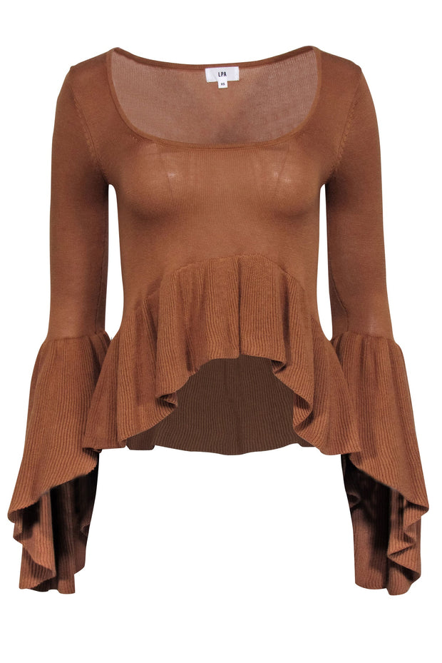 Current Boutique-LPA - Tan Scoop Neck Long Sleeve Sweater w/ Bell Sleeves & Ruffle Hem Sz XS