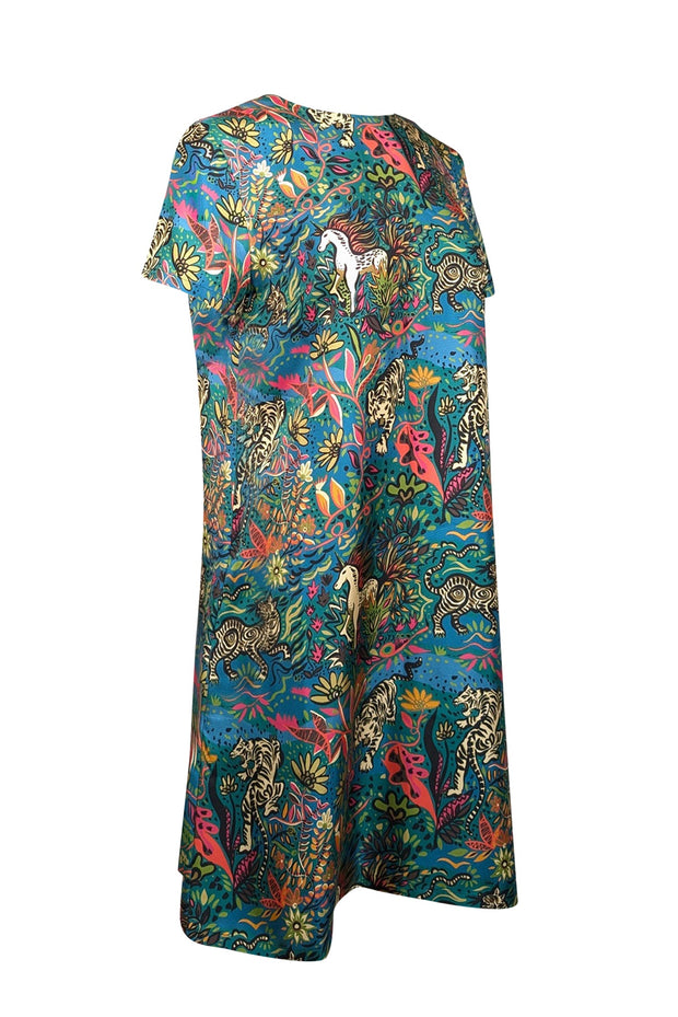 Current Boutique-La DoubleJ - Blue, Teal, & Pink Jungle Print Silk Mini Swing Dress Sz L