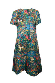 Current Boutique-La DoubleJ - Blue, Teal, & Pink Jungle Print Silk Mini Swing Dress Sz L