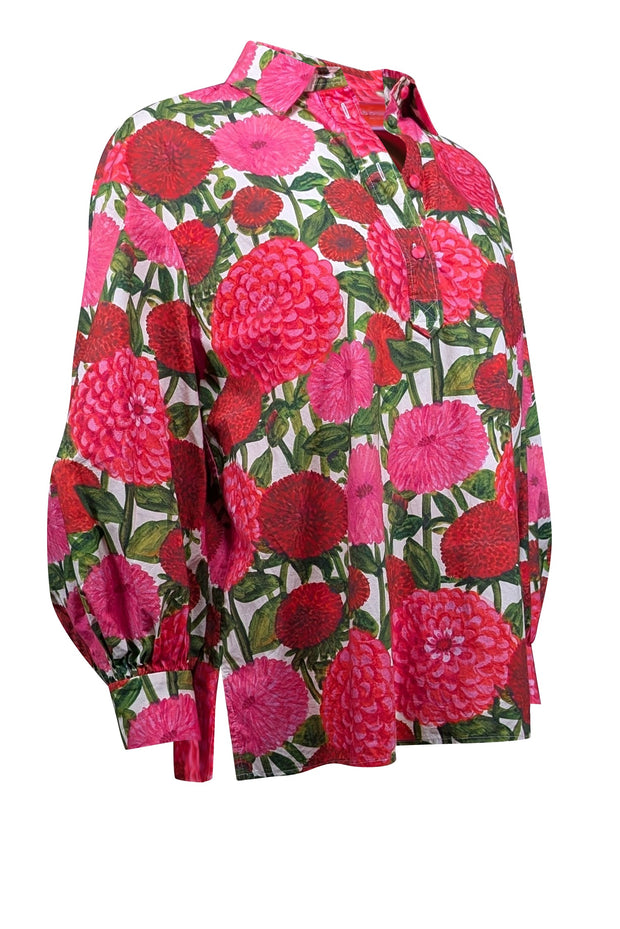 Current Boutique-La DoubleJ - Pink, Red, White, & Green Floral Print Long Sleeve Top Sz S