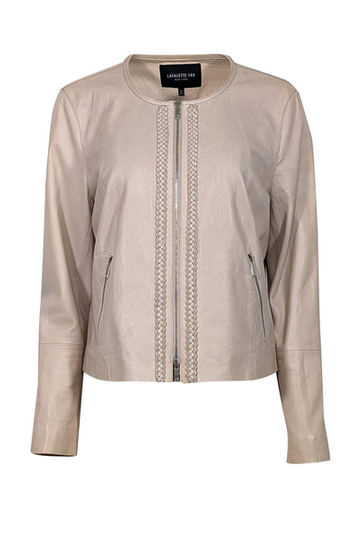 Current Boutique-Lafayette 148 - Beige Leather Braid Front Trim Jacket Sz 12