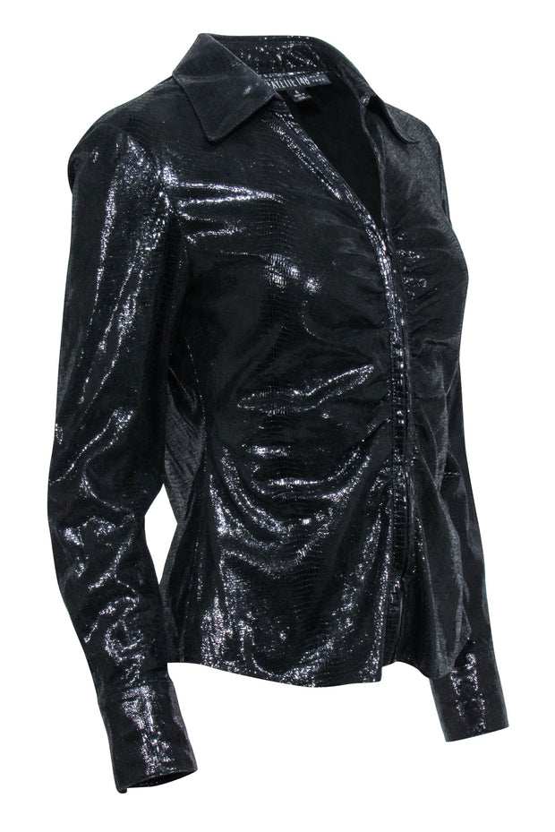 Current Boutique-Lafayette 148 - Black Metallic Leather Zip Up Shirt Jacket Sz 4