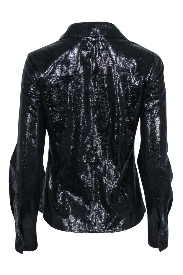 Current Boutique-Lafayette 148 - Black Metallic Leather Zip Up Shirt Jacket Sz 4