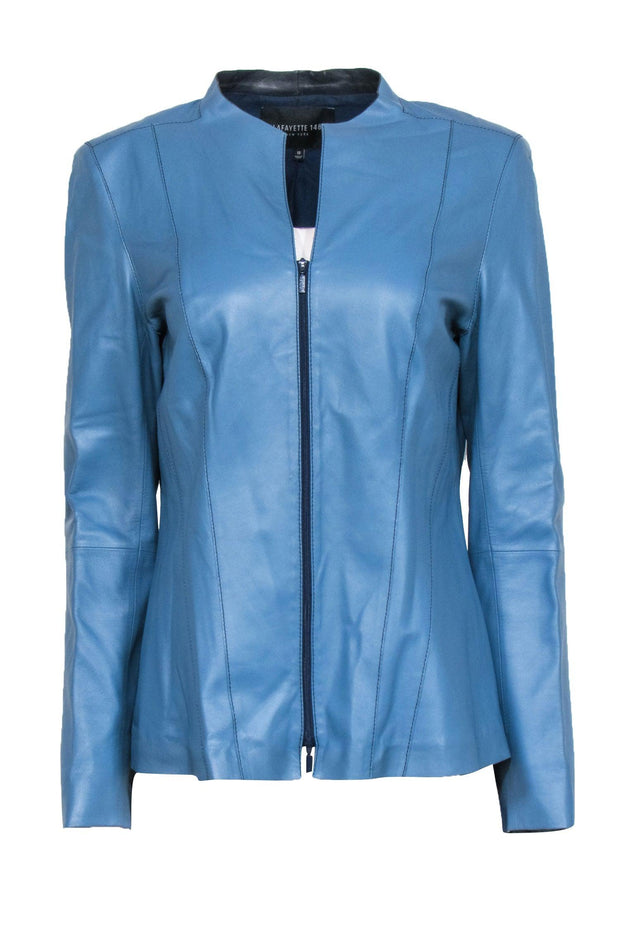 Current Boutique-Lafayette 148 - Blue Leather Zipper Front Jacket Sz 12