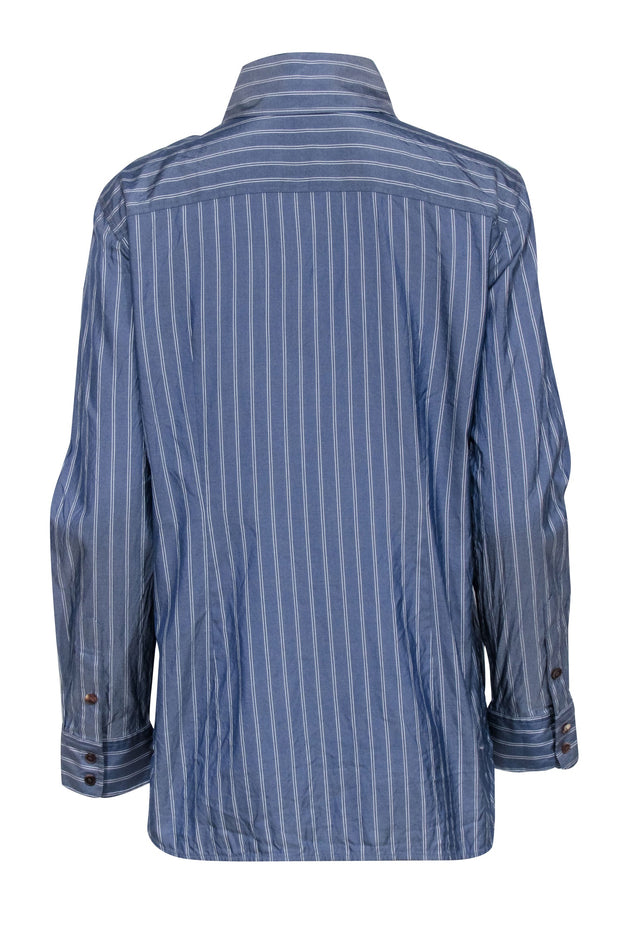 Current Boutique-Lafayette 148 - Chambray & White Stripe Button Up Shirt Sz L