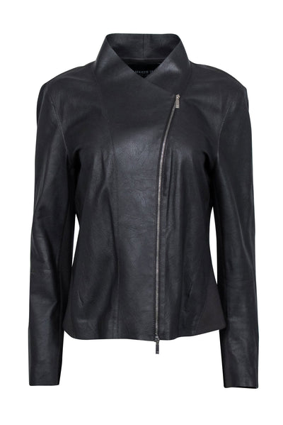 Current Boutique-Lafayette 148 - Dark Brown Leather Collarless Jacket Sz 12