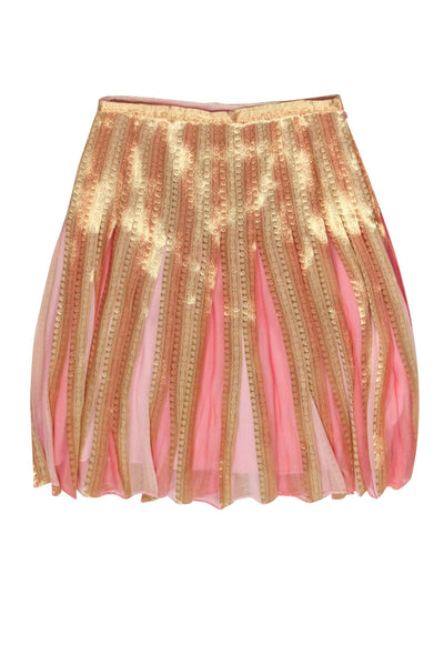 Current Boutique-Lafayette 148 - Gold Metallic Skirt w/ Pink Pleats Sz 12